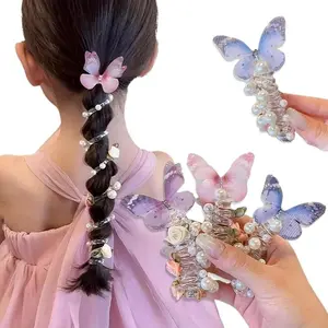 3 butterfly phone cord hair ties, suitable for girls, with cute bead floral design, adorable hair band accessories, for everyday and party wear