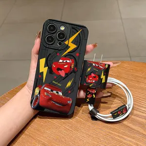 5 Piece Set Cartoon Lightning Phone Case, Charger Head Cover, Cable Protector, Storage Rope, Anti-Drop Tpu Case for iPhone