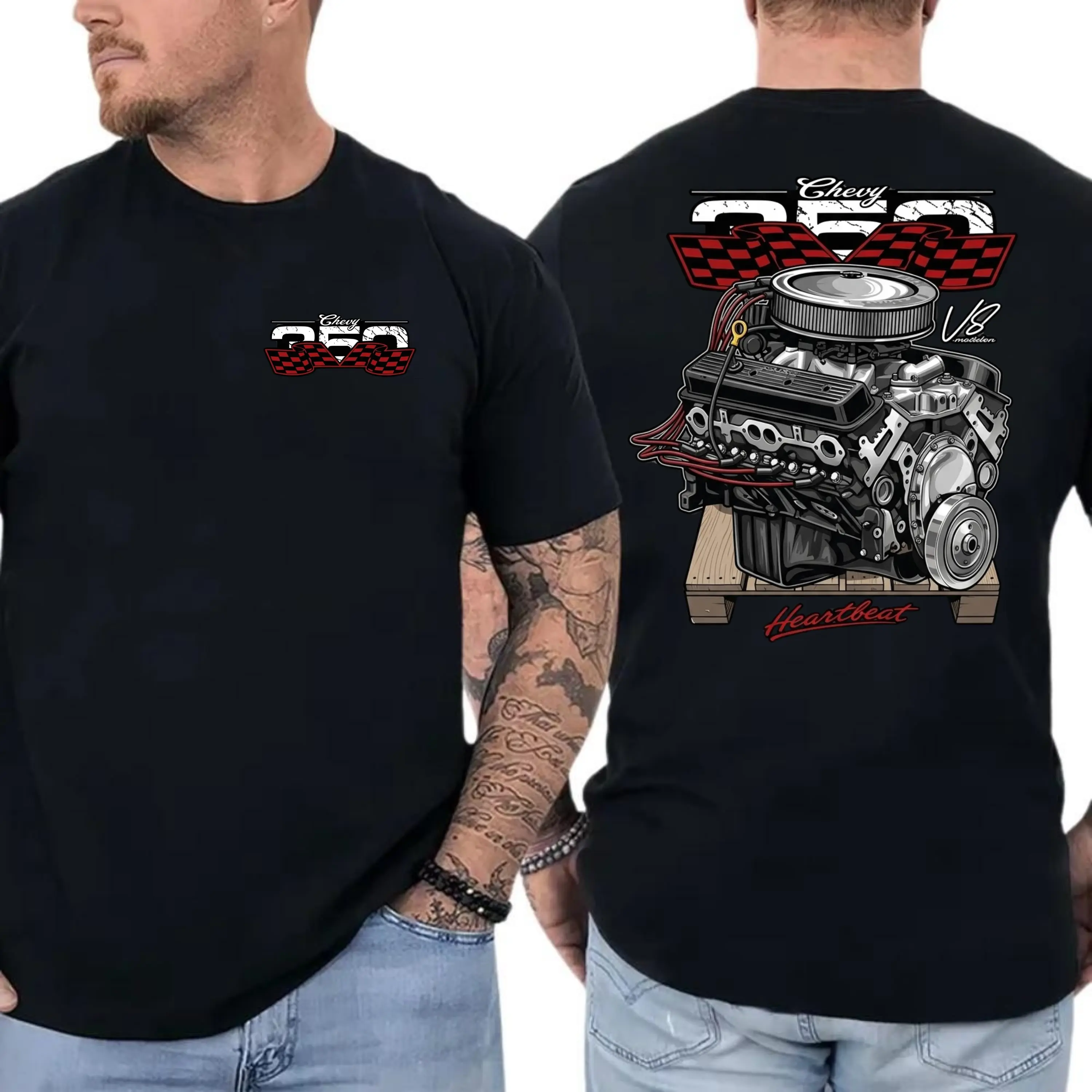 Men's True Chevy 350 V8 Engine Power T-shirt, Premium 100% Organic Cotton, Regular Fit, Made in USA