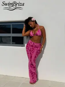 Briza｜Three-Piece Bikini: Halter-Neck Triangle Top + Triangle Bottoms + Matching Printed Sarong, Suitable For Vacations And Surfing.