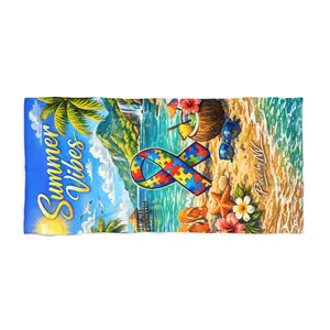 Autism Puzzle Ribbon Summer Vibes Beach Towel | Tropical Ocean Scene