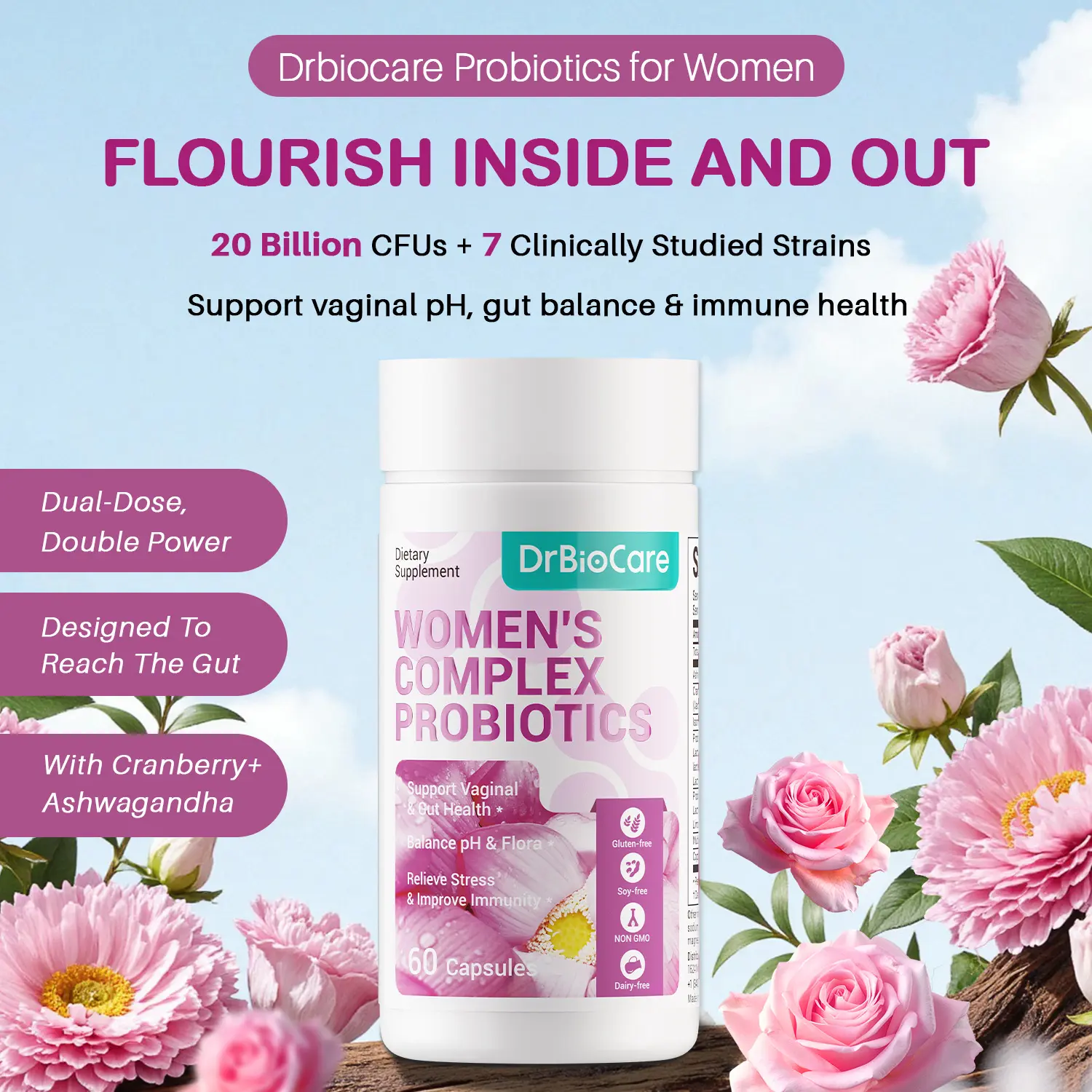 Drbiocare Women's Probiotics for Vaginal, Gut, Digestive & Immune Health – 20 Billion CFU, 7 Strains – With Cranberry, Ashwagandha &Mulberry leaf extract – pH Balance, Odor Control & Bloat Relief, 60capsules, Non-GMO, Gluten-Free,Soy-free, Dairy free