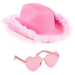 Cowgirl Hat with Glasses - Hot Pink Cowboy Hat with Feathers