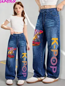 “KPOP – The Huntress Girl Group” Girls' Cartoon Print Jeans, Fitted Casual Denim Jeans for Ages 7-12, Trendy Kids Fashion, Pop Girls Clothing, Youth Apparel