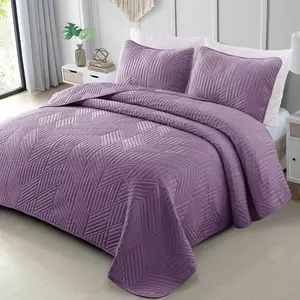 Twin XL Microfibre Ultrasonic Quilt Set - Soft, Lightweight, Breathable, Durable Dusty Lavender Geometric Stripe Bedspread Coverlet, All Seasons, Machine Washable, with 1 Quilt and 1 Pillow Sham