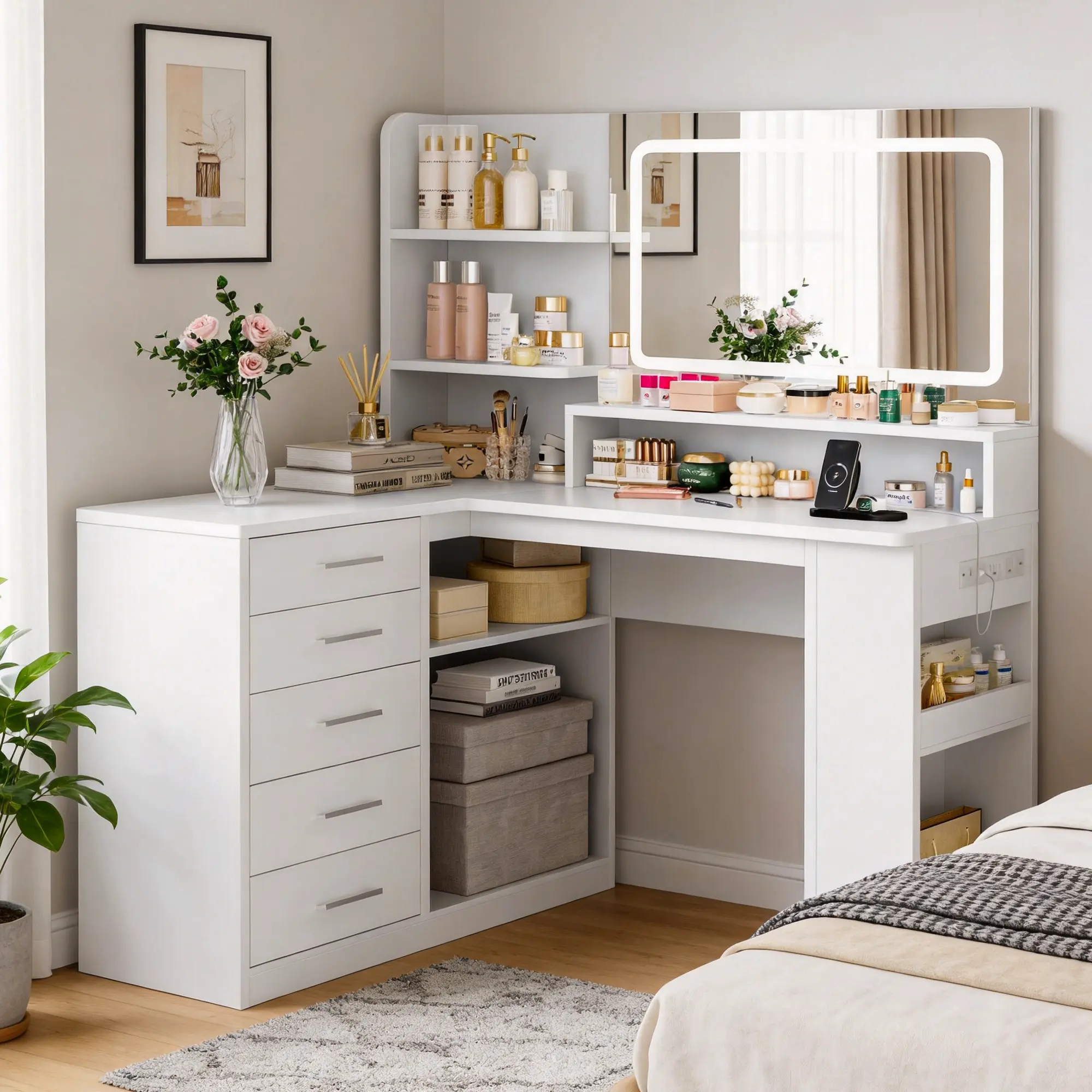Women's Modern Corner Freestanding Backlit Bedroom Vanity Table - White Large Size Makeup Furniture with LED Lighted Mirror, Charging Station, 5 Drawers, Open Storage Shelves