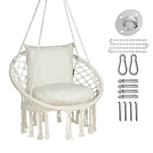 Macrame Swing Chair with 2 Cushions and Hardware Kits,Cotton Rope Hammock Chair for Indoor Outdoor