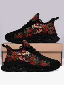 Men's Cartoon Dinosaur & Floral Print Blade Sole Lace Up Low Top Sneakers, Casual Comfortable Sports Running Shoes, Running Training Shoes, Breathable Non-slip Sneakers for Daily Wear