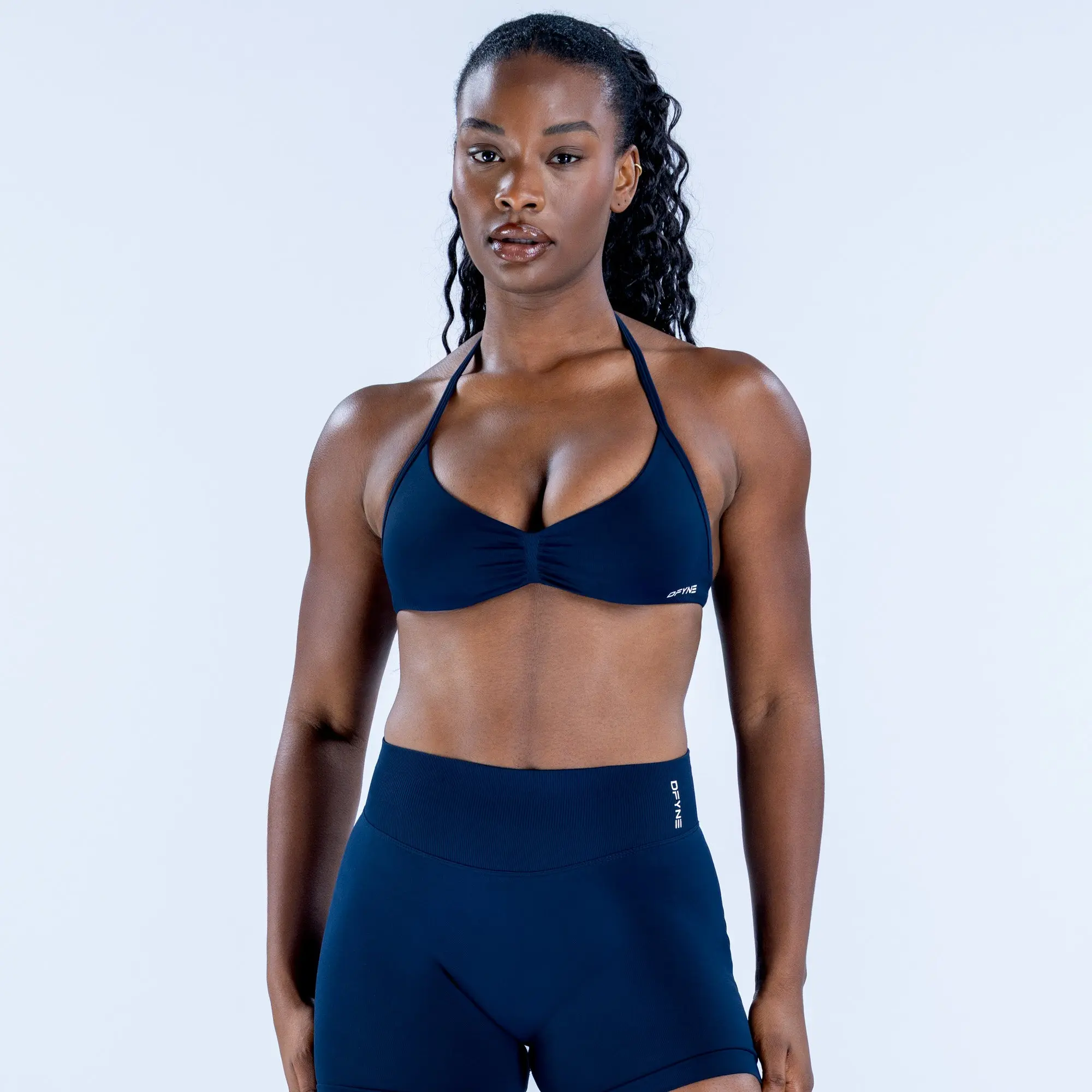 {with logo} dfyne Women's Yoga Outfit Ruched Halter Sports Bra with Open Back and High Waisted Biker Shorts Set for Gym Training Walking and Athleisure