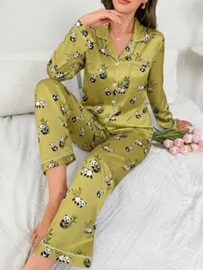 Fashion Panda Cartoon Women's 2-Piece Pajama Set, Comfortable Homewear for Fall & Winter, Button-Down Long Sleeve Shirt and Elastic Pants
