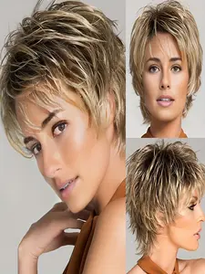 Short Mixed Blonde Wig for Women, Layered Natural Deep Fairy Wig with Highlights, Synthetic Hair Wig for All Seasons, Straight Synthetic Wigs