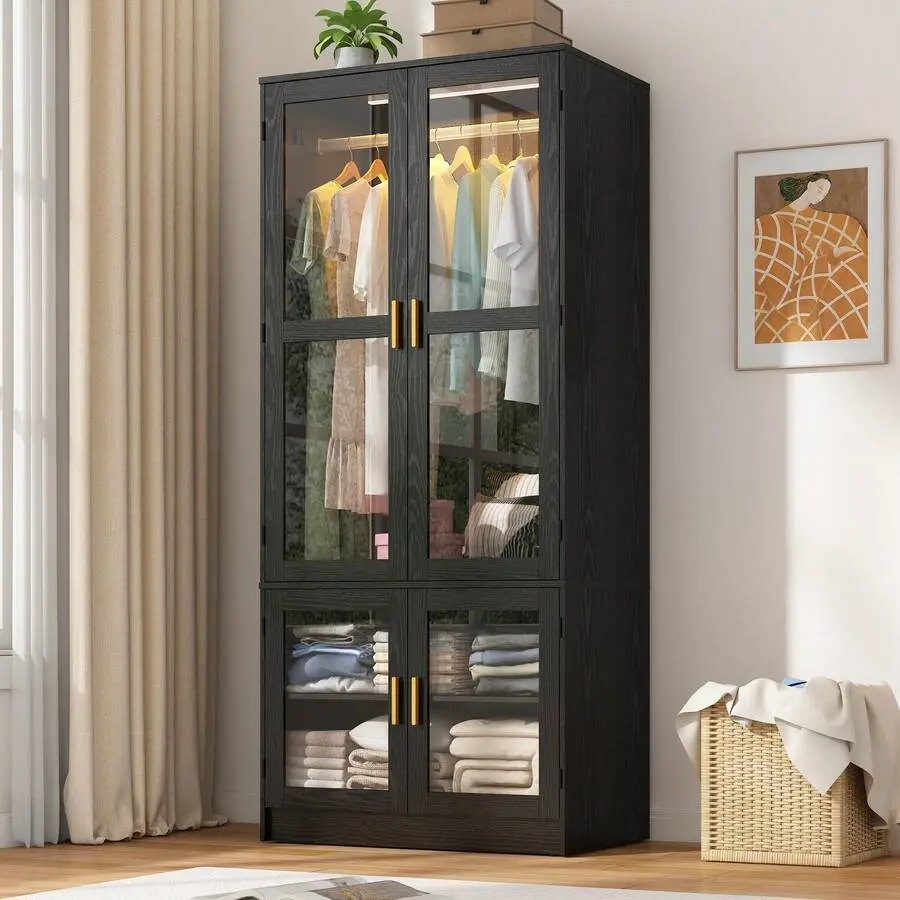 Modern MDF Wood Armoire Wardrobe Closet - 2/4/6 Doors, 71" H Freestanding, with LED Lights & Hanging Rod, Stable Tempered Glass, Transparent, Bedroom Clothing Storage, Requires Assembly (Nursery Use Compatible)
