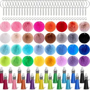 Mixed Color Fluffy Ball Soft Pompom Keychain Set, 120pcs/set Colorful Fluffy Ball Keychain, DIY Jewelry Making Supplies for Women & Teenager