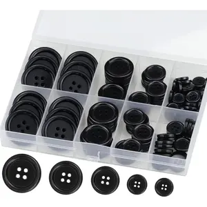 100 Pcs Black Resin Sewing Buttons, 4-Hole Craft Suit Coat Shirt Buttons, 5 Sizes, Round Mixed, with Compartment Storage Box, Suitable for Sewing, DIY and Holiday Decoration