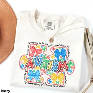 Autism Awareness Bow Comfort Colors T-Shirt - Colorful Puzzle Piece Graphic Tee, Support Autism Shirt, Kindness Message Tee, Comfort Colors Blossom Shirt