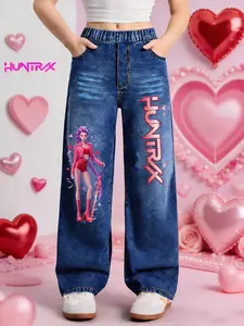 Girls' Valentine's Day Kpop Hunter Girl Jeans, Cartoon Print Denim Jeans, Print Pants, Casual Fitted Style, Ages 7-12, Trendy Girls' Clothing