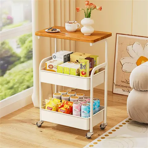 3-Layer Minimalist Farmhouse Rolling Utility Table - Metal Frame Cart with Wooden Top, Lockable 360° Casters, Mesh Baskets, Display Storage Rack, 22lb Capacity, Easy-Clean Surfaces, Space-Saving Organizer for Kitchen, Makeup Station