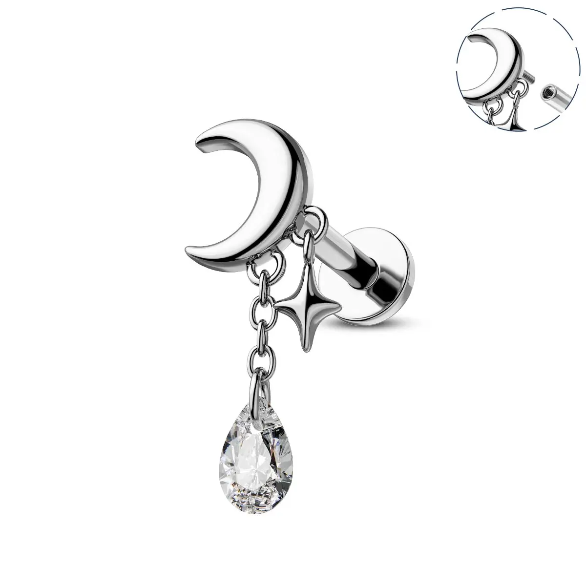 Oufer 16G Internally Threaded Moon Dangle Body Jewelry - Women's Vertical Helix, Daith Piercing Earrings with Rhinestone Accent Attachment, Daily Cartilage Fit Oufer 16G Internally Threaded Moon Dangle Body Jewelry - Women's Vertical Helix, Daith Piercing Earrings with Rhinestone Accent Attachment, Daily Cartilage Fit