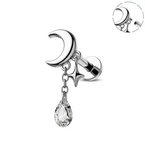 Oufer 16G Internally Threaded Rhinestone Moon Dangle Piercing Earrings Studs - Female Daily Fashion Jewelry, Celestial Charm Stud Earrings for Vertical Helix, Daith Cartilage Piercings