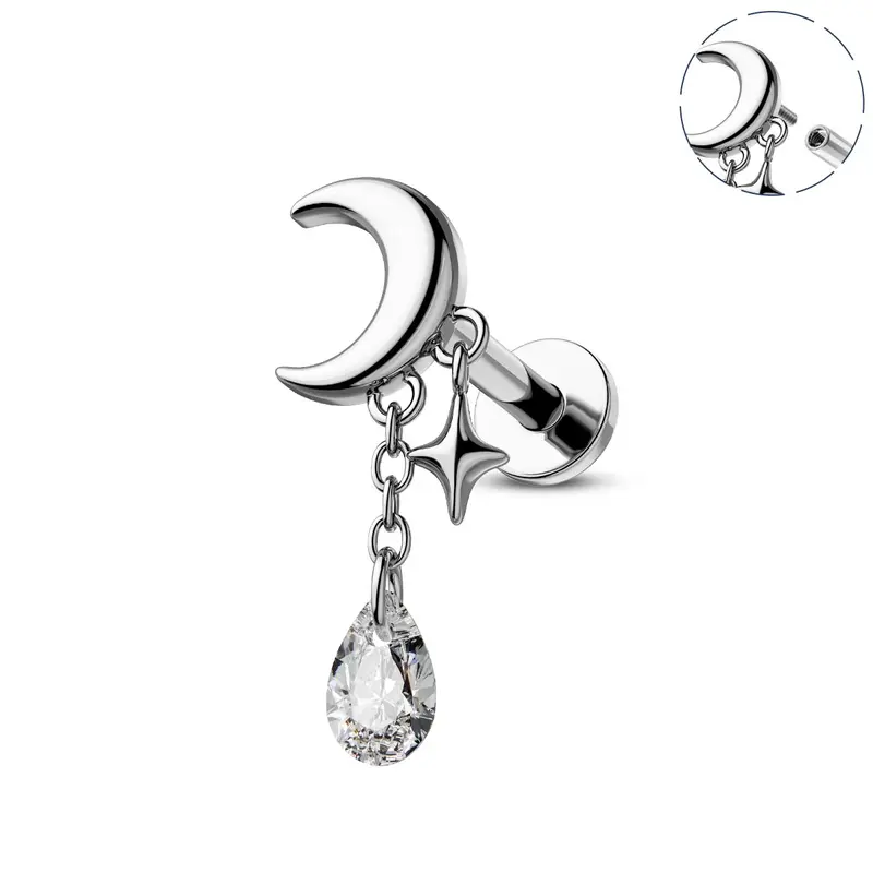 Oufer 16G Internally Threaded Rhinestone Moon Dangle Piercing Earrings Studs - Female Daily Fashion Jewelry, Celestial Charm Stud Earrings for Vertical Helix, Daith Cartilage Piercings