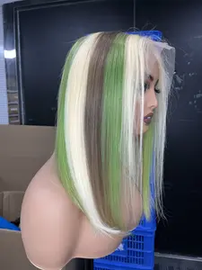 Customized 13x6 Green Highlight Straight Colored Transparent Lace Front Bob Wig