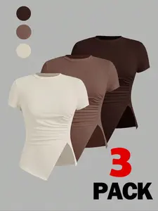 3 Pack Women's Basic Short Sleeve T-Shirts, Neutral Color Ruched Side Asymmetric Hem Tees, Slim Fit Casual Summer Tops 3-Piece Set Womenswear