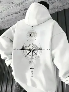 Men's autumn and winter starry sky printed hooded and plush hoodie, versatile sports and casual loose hooded hoodie