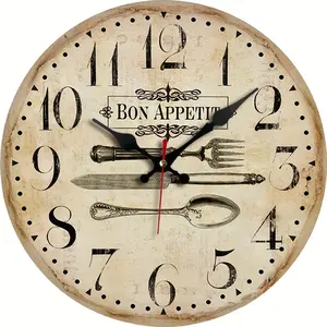 10 inch Rustic Round Wall Clock with "Bon Appetit" Design - Silent Wooden Kitchen Decor for Home, Office, or Bedroom - Battery Operated (AA Battery Not Included), Silent Bedroom Clock | Vintage Wall Clock | Metal Clock Hands, Wall Clock Living Room