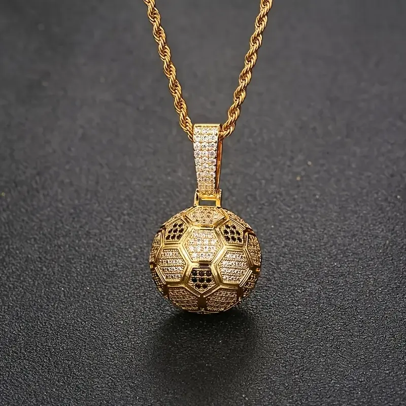 Men's 18K Gold Plated Soccer Ball Pendant Necklace with Synthetic Zirconia 3mm Wide 60cm Twisted Chain Hexagonal Pattern for Casual & Formal Wear Gift Box Included NE125007