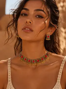 Boho Indian Jewelry Set for Women, Gold Rhinestone Choker Necklace & Earrings, Ethnic Festival Statement Jewelry, Necklaces Earrings Set