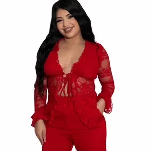 Tie Red LaceTop for Women - Versatile Top for All Occasions - Tops, Womenswear