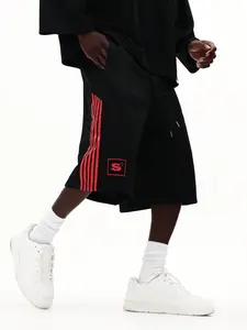 Oversized Black Streetwear Shorts for Men | Red Striped Baggy Athletic Shorts with S Logo | Y2K Hip Hop Fashion | Loose Fit Casual Gym & Skate Shorts | Summer Essential for Urban Style