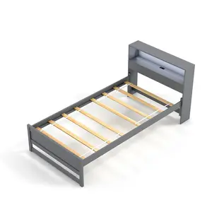 COSTWAY - Twin Size Bed Frame with Storage Headboard and Charging Station-Gray