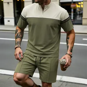 Men’s casual two-piece outfit set — color-block half-zip top and drawstring shorts, ideal for summer, street style, and everyday wear