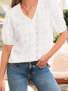 Women White Lace Puff Sleeve V Neck Button Up Shirts Summer Casual Short Sleeve Blouse Fashion Eyelet Embroidery Tops Elegant Solid Color Tee Business Professional Outfits Romantic Date Night Apparel