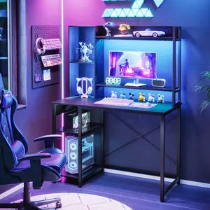 HOOBRO Computer Desk, Gaming Desk with LED and Outlets, Home Office Desk with Monitor Stand and Adjustable Shelf, Small Desk with CPU Stand for Home Office, Small Space, Black