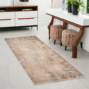 360 stand Powerloomed 3x6 ft. Beige & Brown Floral Medallion Polyester Fiber Runner Area Rug with Fringe, Classical Shape, Hallway Use, Stain Proof