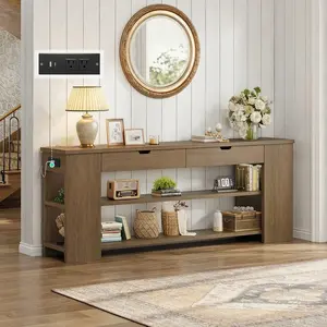 71.8 inch Extra Long Console Table with Shelves & Built-In Outlets Brown