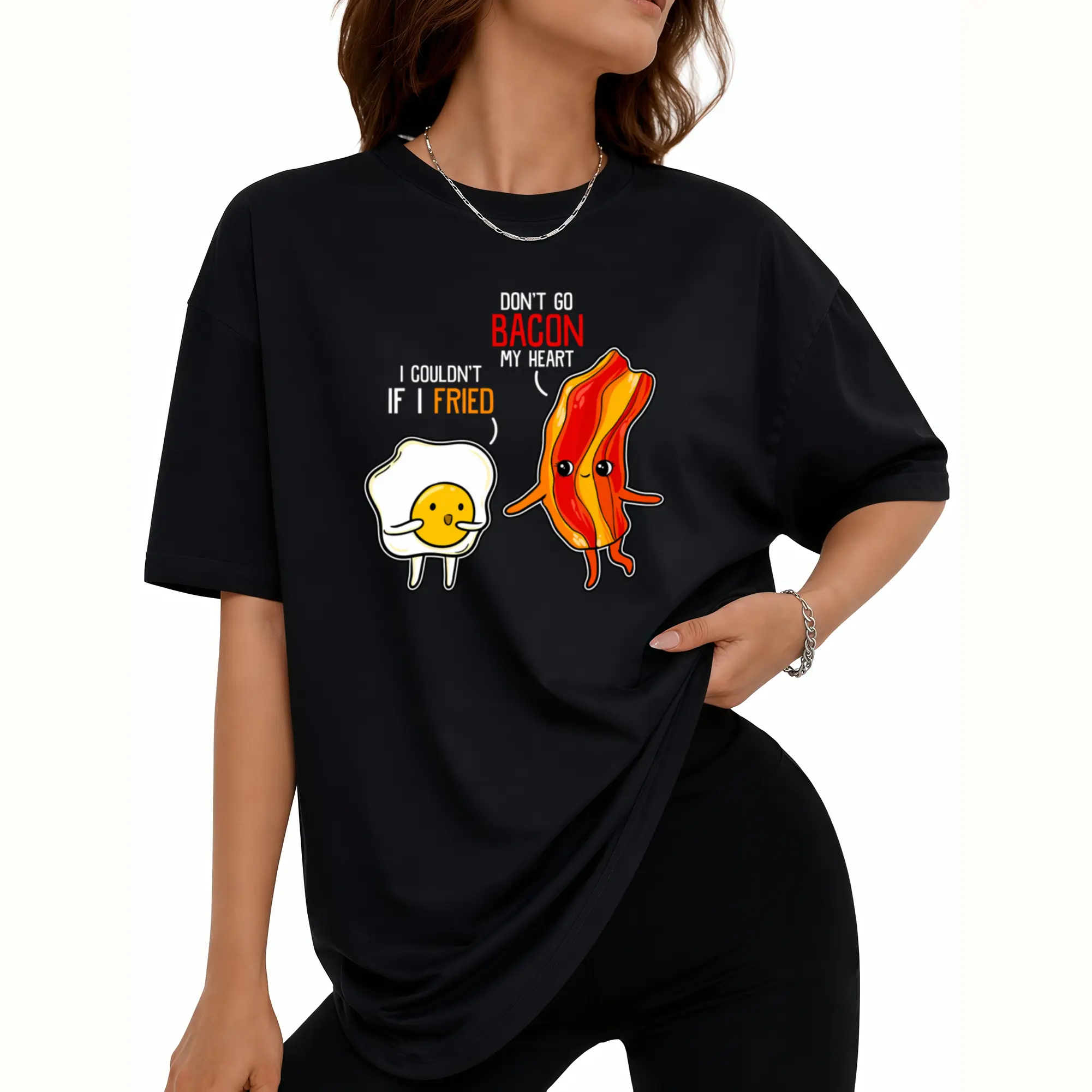 Women'S Funny Bacon & Fried Egg Graphic T-Shirt - "Don't Go Bacon My Heart" Slogan & Bacon Design - Round Neck Short Sleeve Casual Top - All-Season Comfort, Machine Washable Humorous Apparel for Women