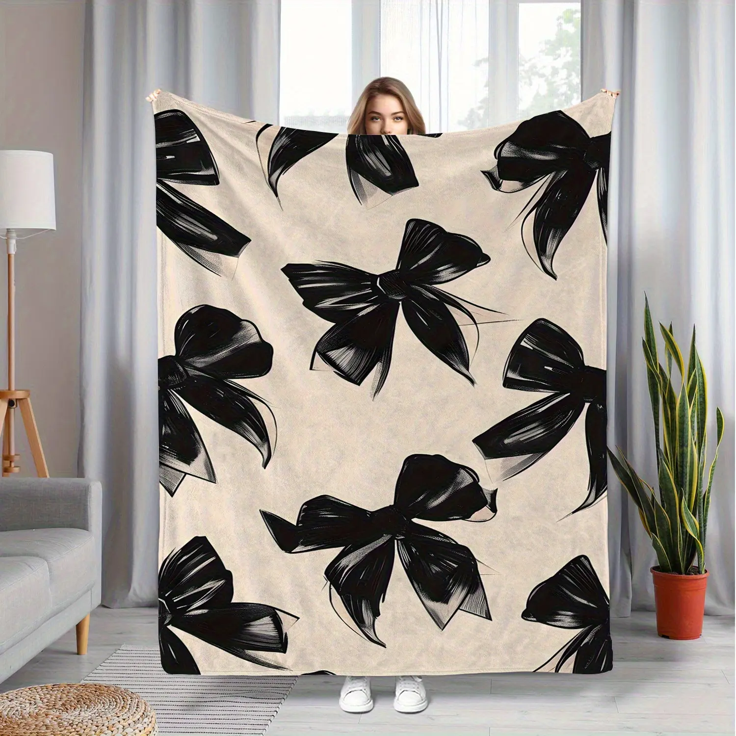 Bowknot Blanket, Favorite Gift Portable Blanket, Lightweight Flannel Blanket, Suitable for Sofa, Bed, Travel, Camping, Living Room, Office, Chair and Bedroom, Digital Printed Soft Warm Flannel Fabric Blanket