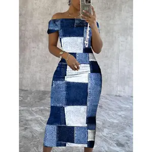 Women’s off-shoulder fitted dress with a denim-effect print, fashionable and casual chic short-sleeved design, suitable for everyday outdoor wear, all-season women’s apparel GARMENTARY