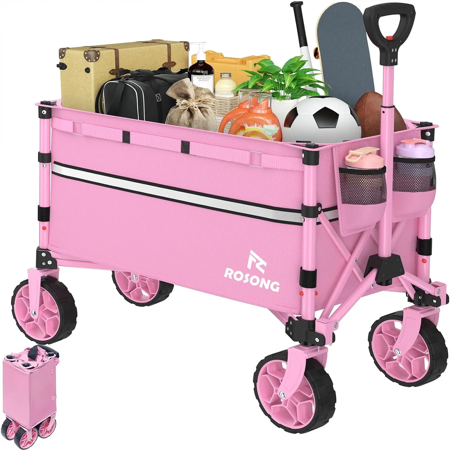 Heavy-Duty Collapsible Portable Trolley Wagon Cart with Wheels, 120L Pink Utility Cart for Grocery, Camping, Home Use