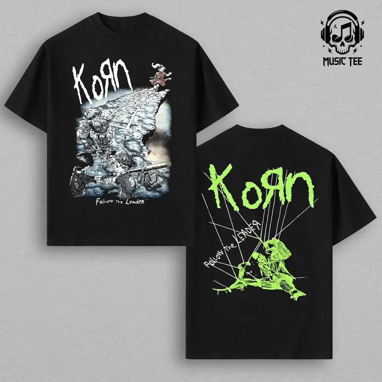 KoRn Follow The Leader T-Shirt Nu Metal Band Graphic Tee Hopscotch Cliff Design Neon Green Puppet Back Print Black Standard Unisex Tee Concert Merch Gift for Metal Fans Sick New World 2026 Tour Streetwear 3GZ
