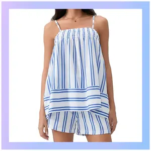 Outdoorfun Women Shorts Set, Striped Camisole with Elastic Waist Shorts Summer Outfit Sleeveless Fashion Womenswear Gorgeous Tops Clothes