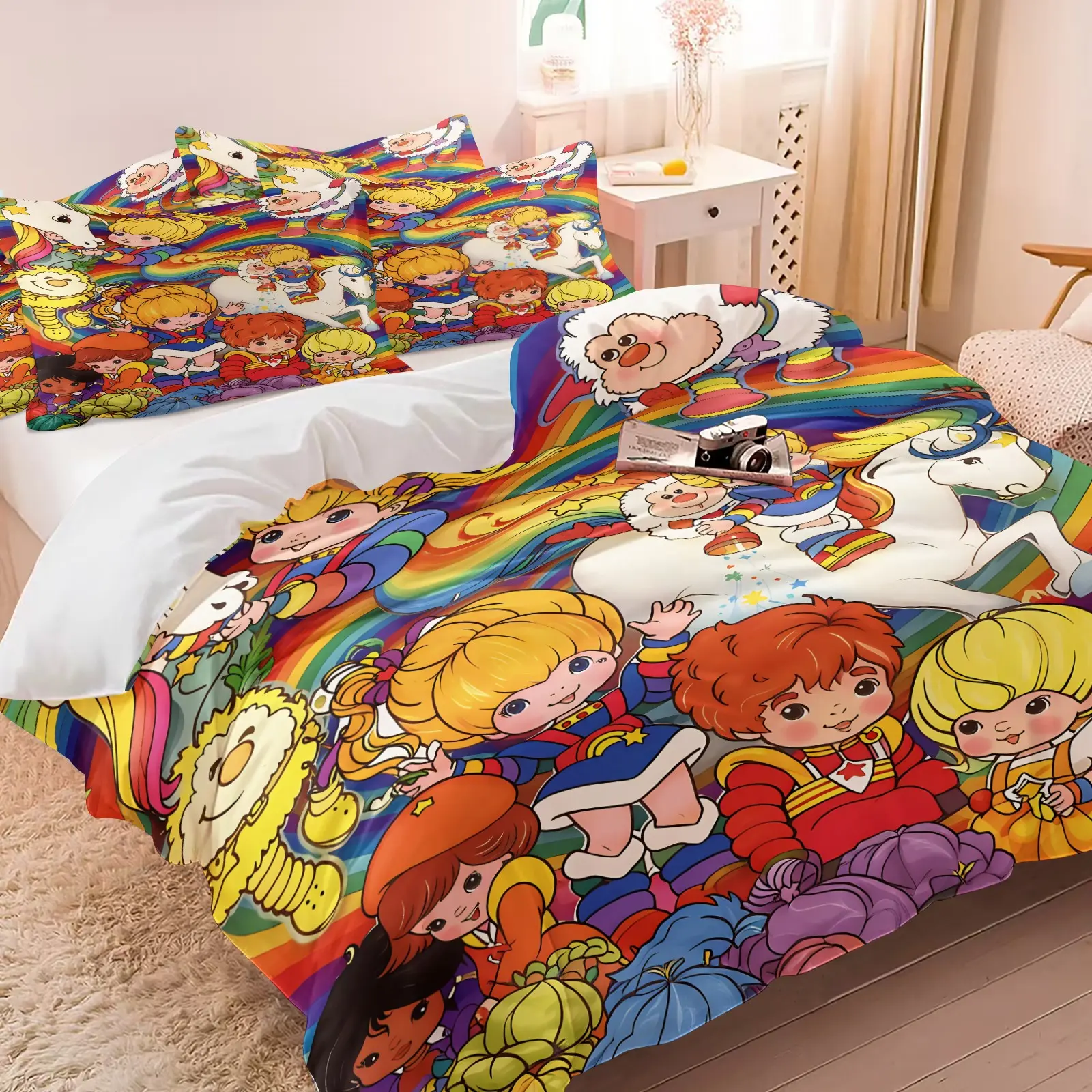Vintage 80s Rainbow Brite Aesthetic Duvet Cover Set, 1 Duvet Cover + 1/2 Pillowcases, No Core, Cozy Breathable Skin-Friendly Colorful Cartoon Bedding, Printed Theme Bedding Set, All Season Ideal for Nostalgic Fans & Kids Bedroom Decoration