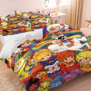 Vintage 80s Rainbow Brite Aesthetic Duvet Cover Set, 1 Duvet Cover + 1/2 Pillowcases, No Core, Cozy Breathable Skin-Friendly Colorful Cartoon Bedding, All Season Ideal for Nostalgic Fans & Kids Bedroom Decoration