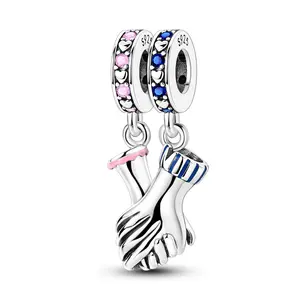 MULA S925 Sterling Silver holding hands couple pendant with pink and blue CZ and enamel details, compatible with Pandora bracelets and necklaces, a perfect romantic gift for women and girls