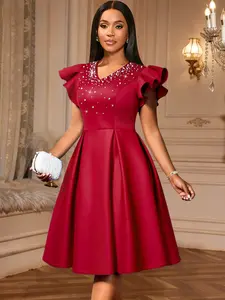 Plus Size Ruffle Sleeve A Line Dress with Pearl Embellished Neckline for Wedding Cocktail Parties and Special Celebrations