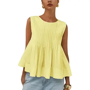 Womens Pleated Peplum Tops Summer Sleeveless Ruffled Tank Tops Babydoll Blouse Casual Shirred Flowy Shirts