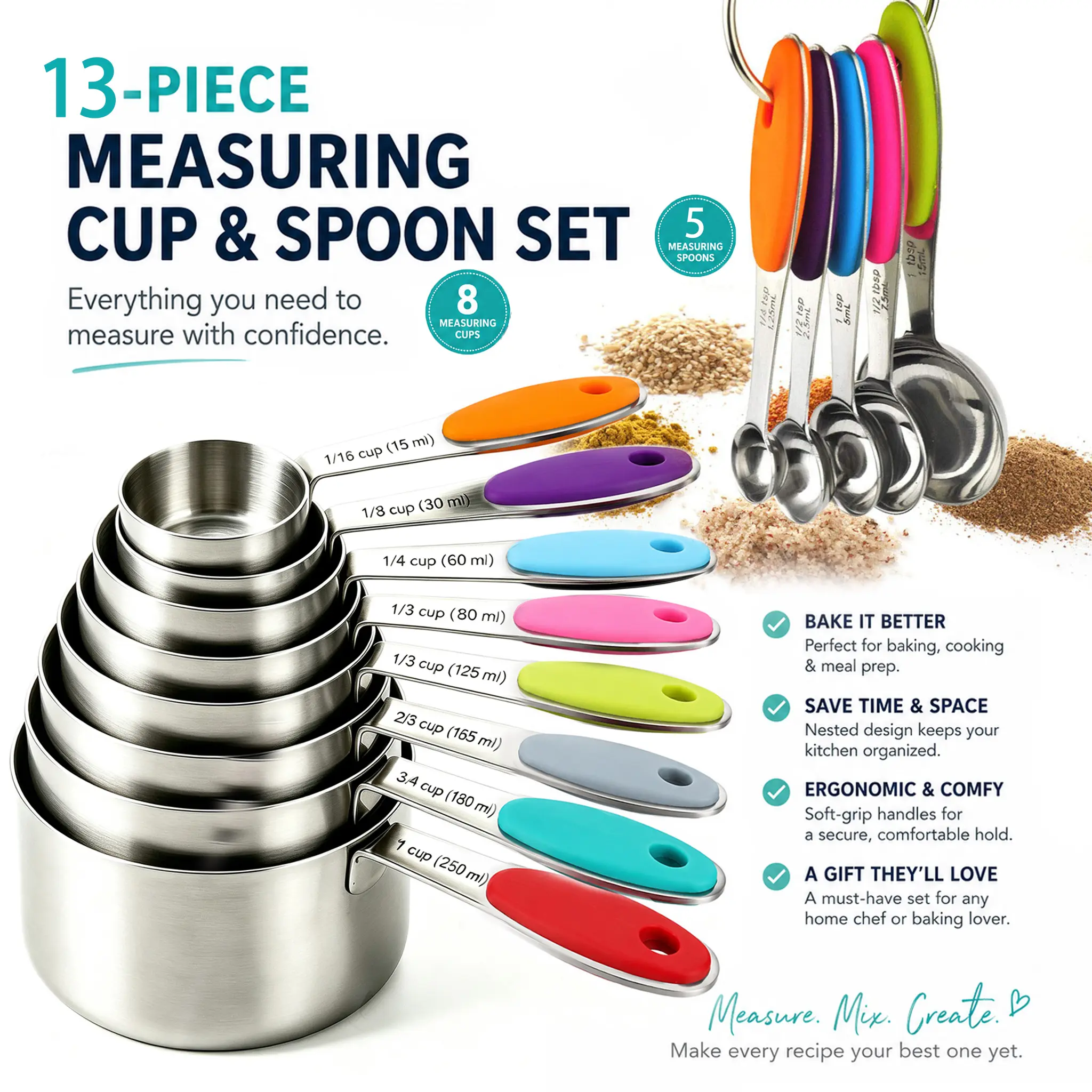13-PCS Vintage Industrial Style Food-Grade Stainless Steel Cutlery Tableware Set - Adult Silicone Measuring Cup and Spoon, Baking/Cooking Utensils, Colorful Wedding Gifts